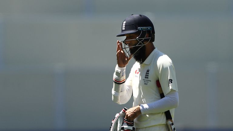 ADELAIDE, AUSTRALIA - DECEMBER 06:  Moeen Ali of England looks dejected after being dismissed by Nathan Lyon of Australia during day five of the Second Tes