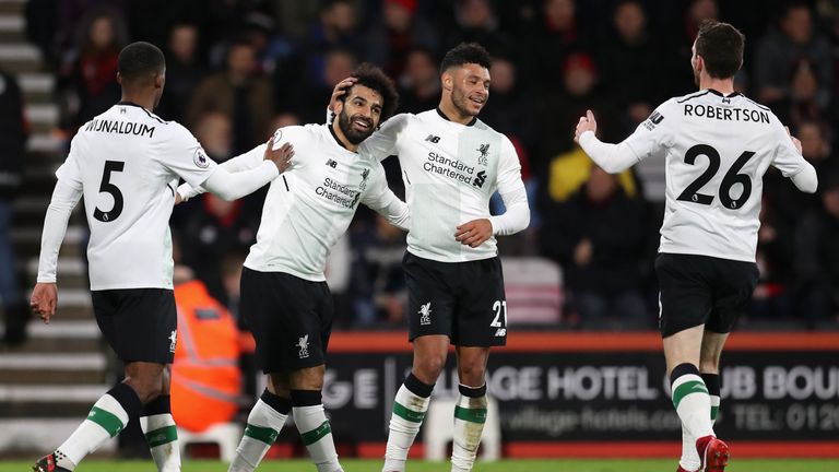 BOURNEMOUTH, ENGLAND - DECEMBER 17:  Mohamed Salah of Liverpool celebrates with teammates Georginio Wijnaldum, Alex Oxlade-Chamberlain, and Andy Robertson 