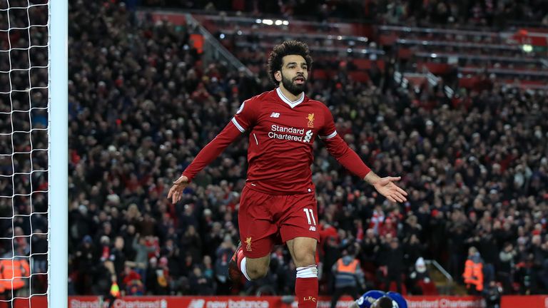 Mohamed Salah celebrates scoring Liverpool's winner against Leicester