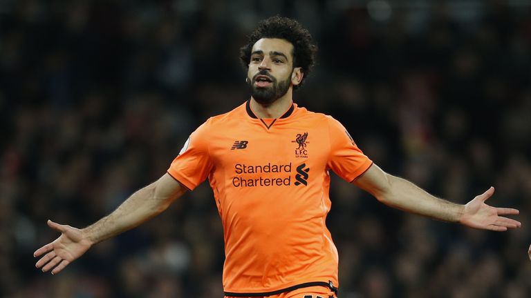 Mohamed Salah celebrates scoring Liverpool's second goal  of the game