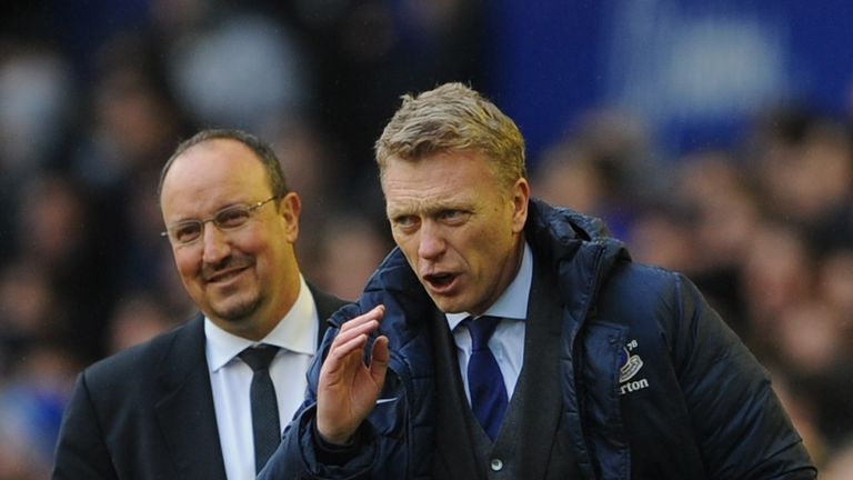 LIVERPOOL, ENGLAND - DECEMBER 30:  Everton Manager David Moyes gestures as Chelsea Manager Rafael Benitez looks on during the Barclays Premier League match