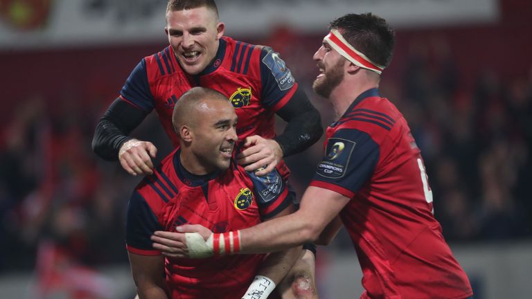 Munster's Simon Zebo celebrates a try during the European Rugby Champions Cup, Pool Four match at Thomond Park, Limerick.