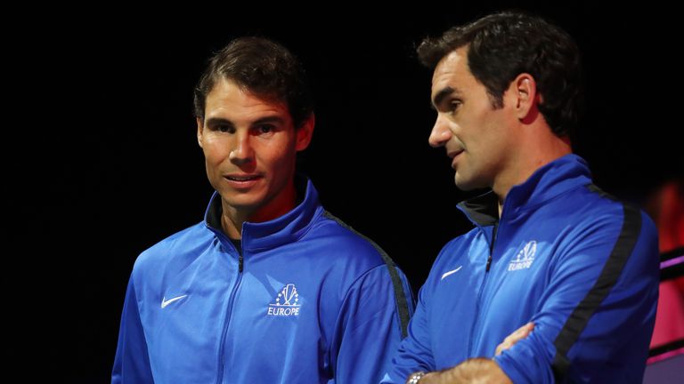 PRAGUE, CZECH REPUBLIC - SEPTEMBER 22:  Rafael Nadal and Roger Federer of Team Europe watch the singles match between Dominic Thiem of Team Europe and John