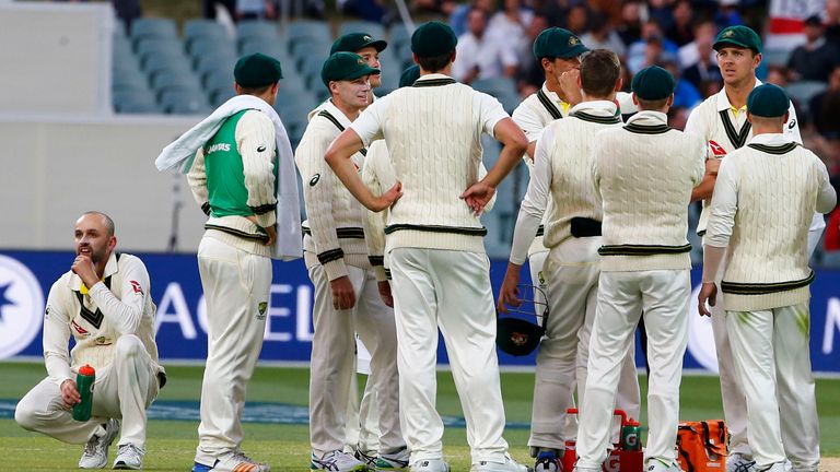 Australia's Nathan Lyon awaits a DRS decision for Joe Root's wicket during day four of the Ashes Test match at the Adelaide Oval
