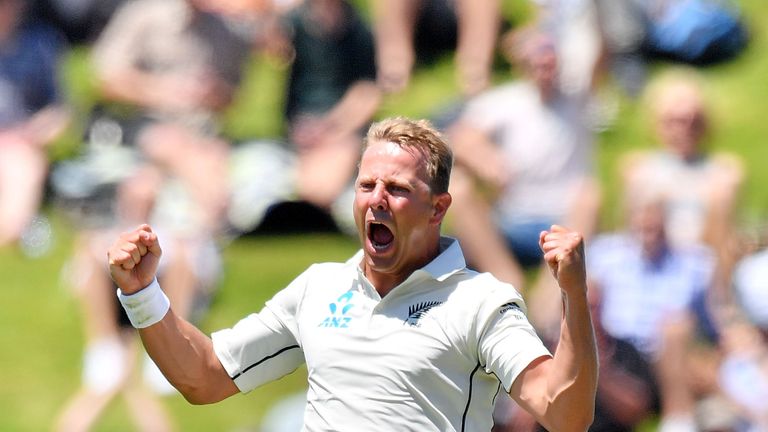 New Zealand's Neil Wagner celebrates West Indies' Kraigg Braithwaite being caught during the first day of the first Test cricket match between New Zealand 