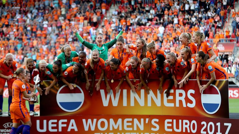 ENSCHEDE, NETHERLANDS - AUGUST 06:  Mandy van den Berg of the Netherlands and Sherida Spitse of the Netherlands lift the trophy following the Final of the 