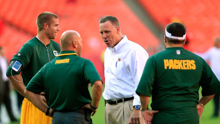 Former Green Bay Packers General Manager and current Kansas City Chiefs General Manager John Dorsey greets former staff members