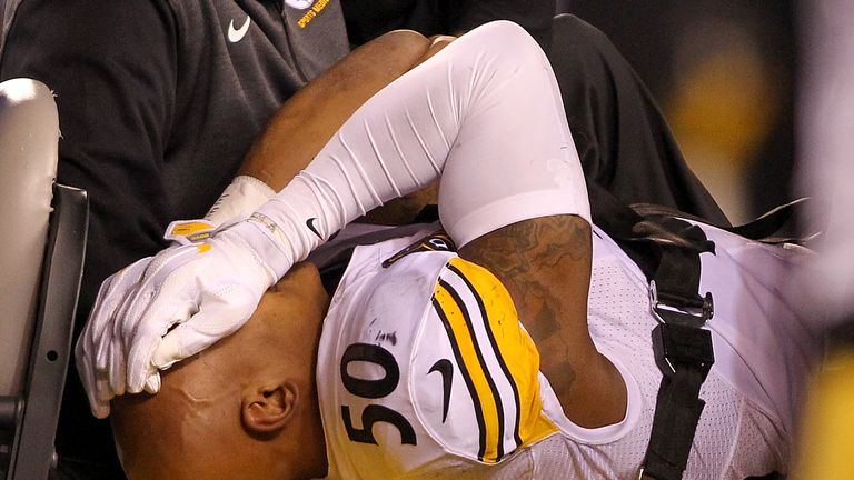 Ryan Shazier of the Steelers is carted off the field against the Bengals