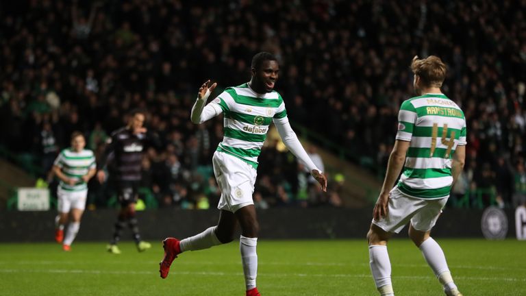 GLASGOW, SCOTLAND - DECEMBER 02:  Odsonne Edouard of Celtic celebrates after he scores his third goal to complete a hat-trick during the Ladbrokes Scottish