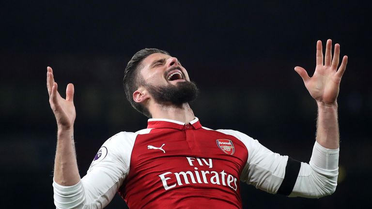 Olivier Giroud of Arsenal reacts during the Premier League match between Arsenal and Huddersfield Town at Emirates Stadium 