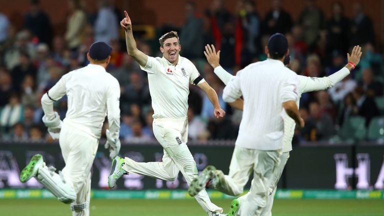 ADELAIDE, AUSTRALIA - DECEMBER 02:  Craig Overton of England celebrates dismissing Steve Smith of Australia during day one of the Second Test match during 