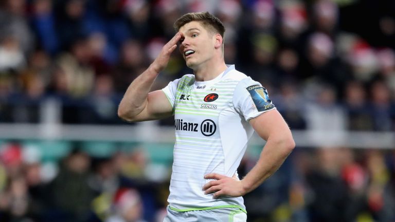 CLERMONT-FERRAND, FRANCE - DECEMBER 17:  Owen Farrell, the Saracens captain, looks dejected during the European Rugby Champions Cup match between ASM Clerm