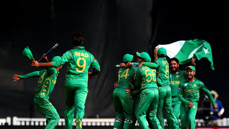 LONDON, ENGLAND - JUNE 18: The Pakistan celebrate winning the final during the ICC Champions Trophy Final match between India and Pakistan at The Kia Oval 