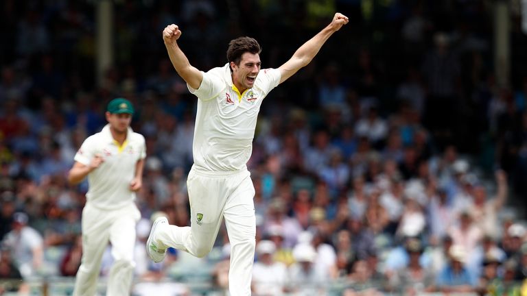 Pat Cummins of Australia celebrates the wicket of Moeen Ali of England during day two of the Third Test