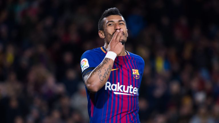 Paulinho celebrates after scoring his second and Barcelona's fourth goal of the game between Barcelona and Deportivo La Coruna