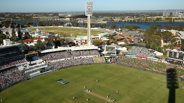 PERTH, AUSTRALIA - DECEMBER 14:  A general view of play is seen from a light tower during day one of the Third Test match of the 2017/18 Ashes Series betwe