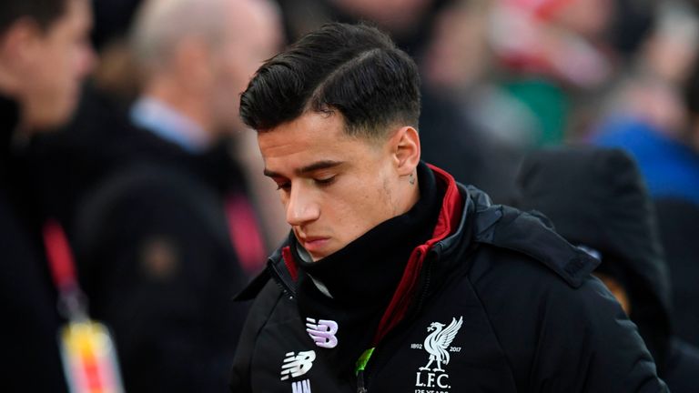 Philippe Coutinho takes his place on the bench ahead of the Merseyside derby at Anfield