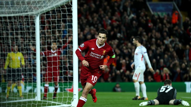 Liverpool's Philippe Coutinho celebrates scoring his sides second goal of the game during the UEFA Champions League, Group E match at Anfield, Liverpool.