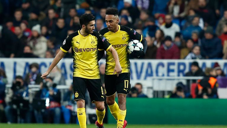 Pierre-Emerick Aubameyang celebrates his second goal with Nuri Sahin