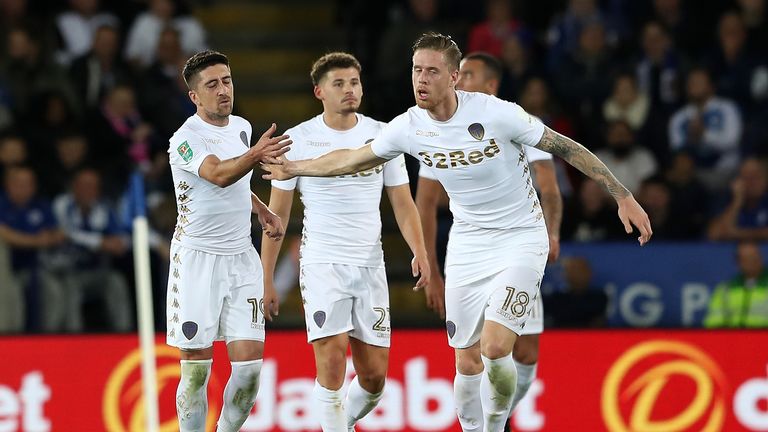 Pablo Hernandez of Leeds United celebrates scoring the first Leeds goal with Pontus Jansson during the Carabao Cup clash v Leicester, 24 October 2017