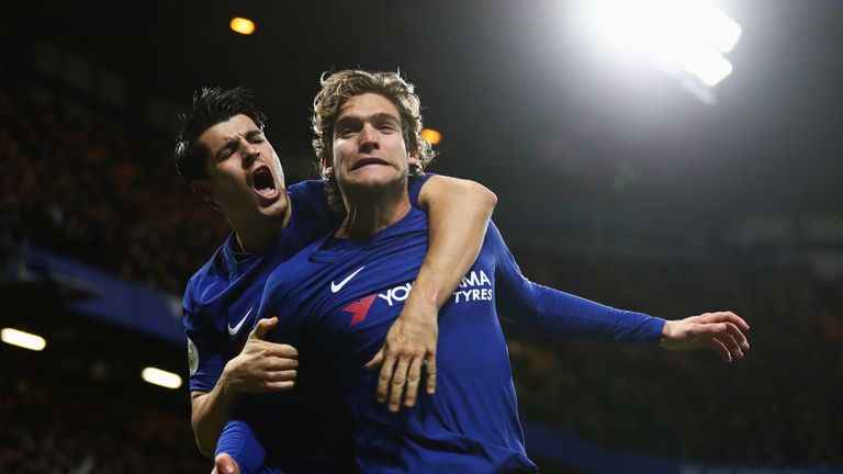 Marcos Alonso celebrates with Alvaro Morata after scoring Chelsea's second