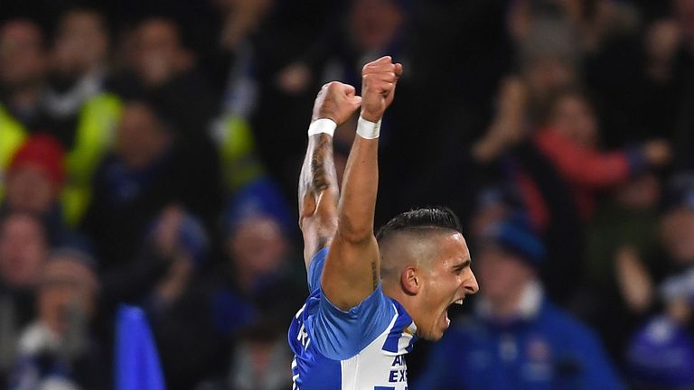 Anthony Knockaert celebrates as Pascal Gross puts Brighton 1-0 up at home to Watford