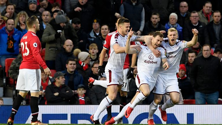 Ashley Barnes celebrates after his early goal puts Burnley in front at Old Trafford