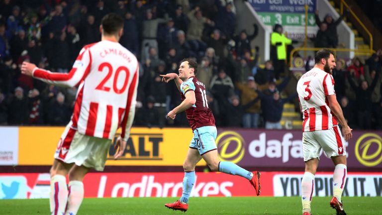Ashley Barnes celebrates scoring the winning goal during the Premier League match between Burnley and Stoke