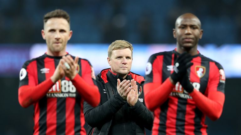 Eddie Howe applauds the Bournemouth fans after the 4-0 defeat to Manchester City