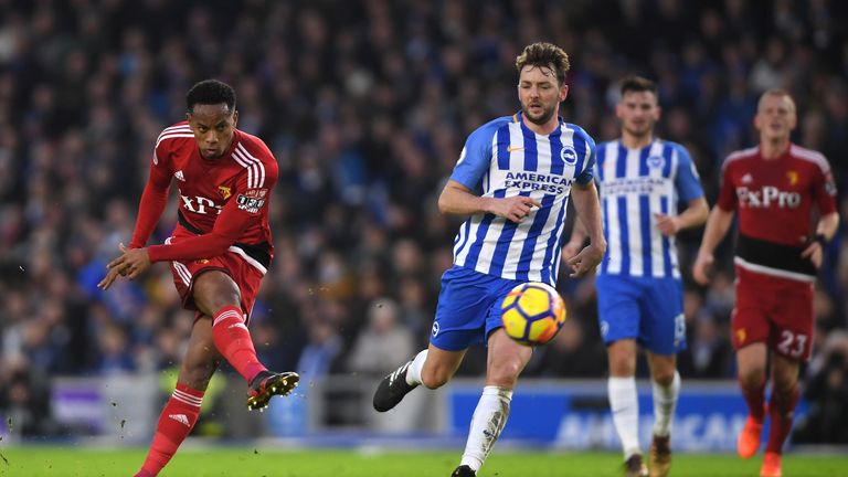 Andre Carrilo shoots at goal during the Premier League match between Brighton and Watford