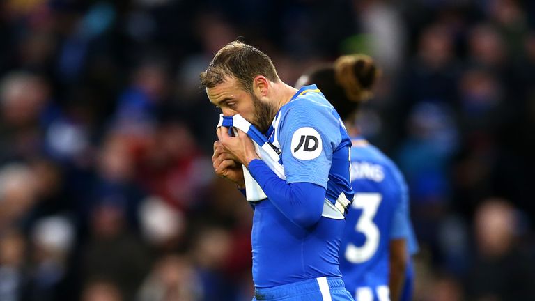 BRIGHTON, ENGLAND - DECEMBER 16:  Glenn Murray of Brighton and Hove Albion reacts after missing the penalty shot during the Premier League match between Br
