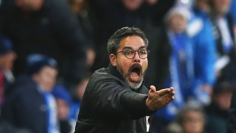David Wagner gives instruction to his team during the Premier League match between Huddersfield Town and Stoke City