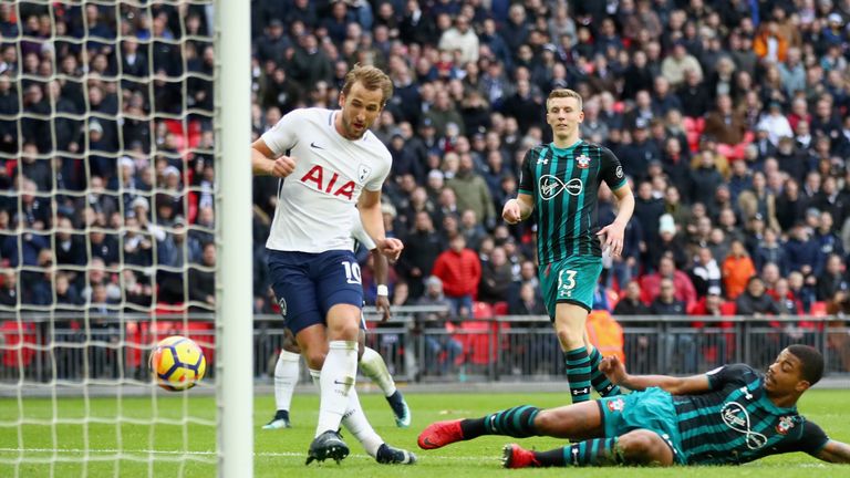 Harry Kane scores his and Tottenham's second goal