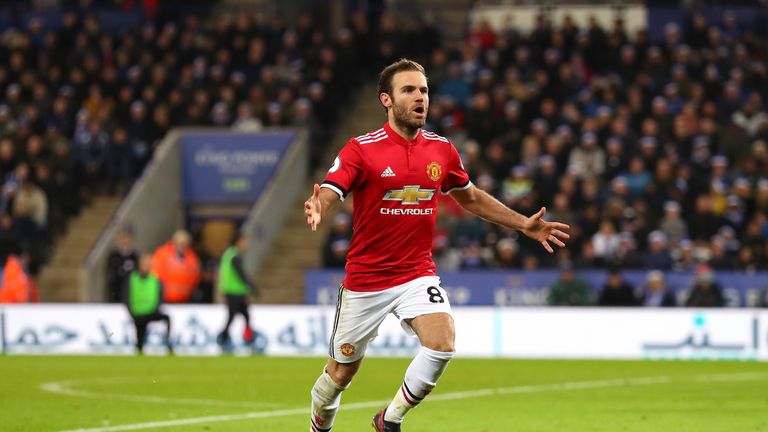 Juan Mata celebrates scoring his and Manchester United's second goal at the King Power Stadium
