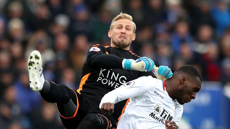 Kasper Schmeichel and Christian Benteke in action at the King Power Stadium