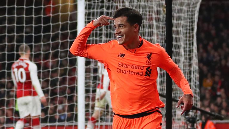 Philippe Coutinho celebrates after giving Liverpool the lead