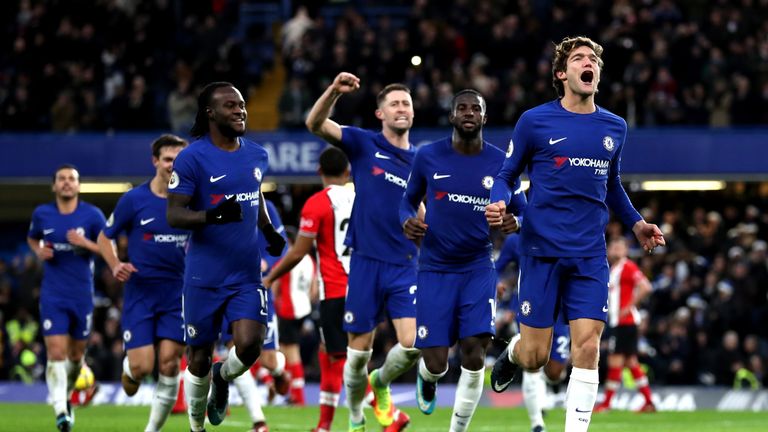 Marcos Alonso celebrates after scoring his Chelsea's first goal
