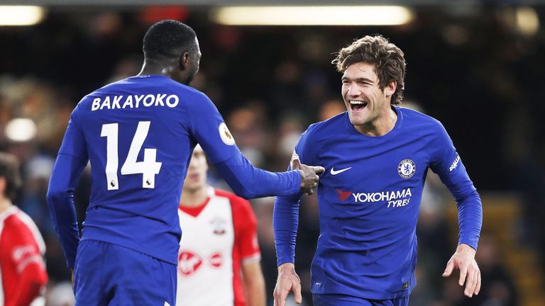 Marcos Alonso celebrates his goal with Tiemoue Bakayoko