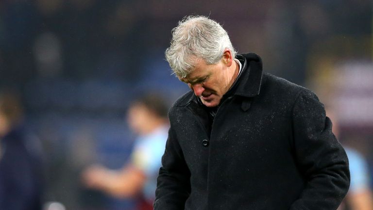 Mark Hughes walks off the pitch after Stoke's defeat to Burnley