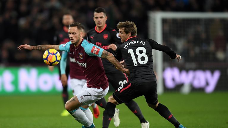 Marko Arnautovic in action during the Premier League match between West Ham and Arsenal