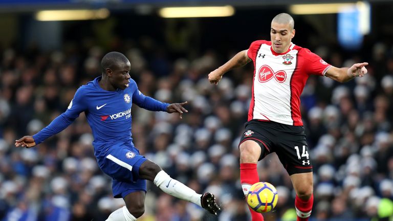 N'Golo Kante challenges Oriol Romeu for posession