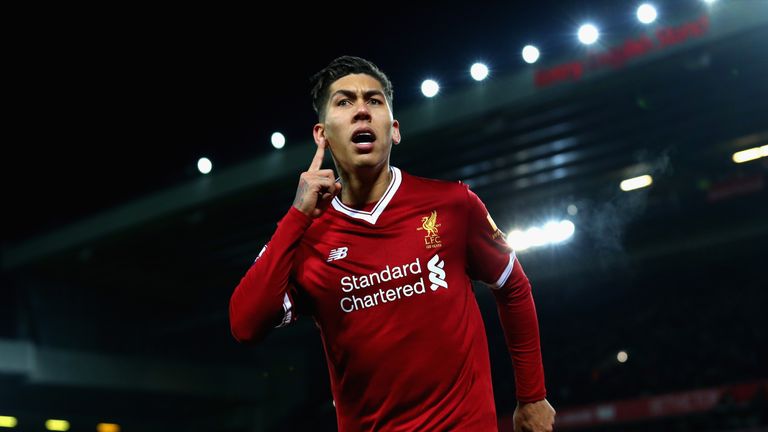 Roberto Firmino celebrates after scoring his Liverpool's second goal