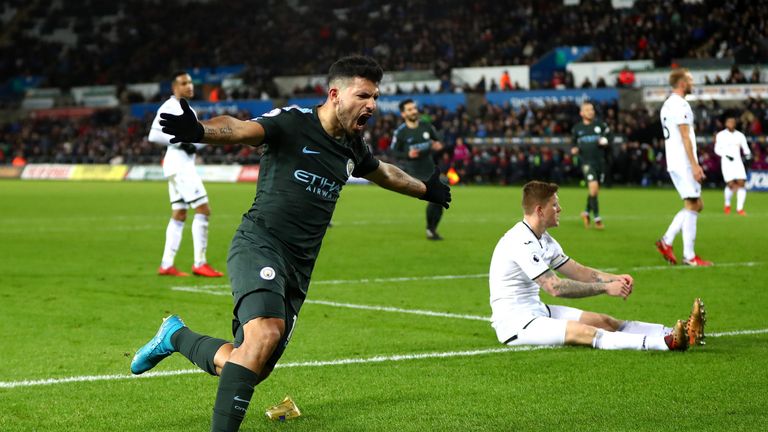 Sergio Aguero makes it 4-0 at the Liberty Stadium