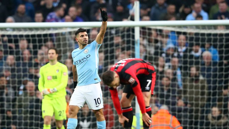 Sergio Aguero celebrates after scoring the opening goal