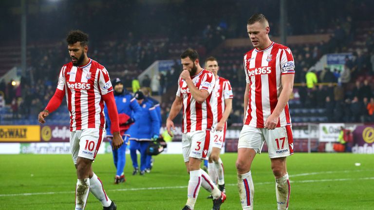 Stoke City players look dejected after losing to a late goal at Turf Moor