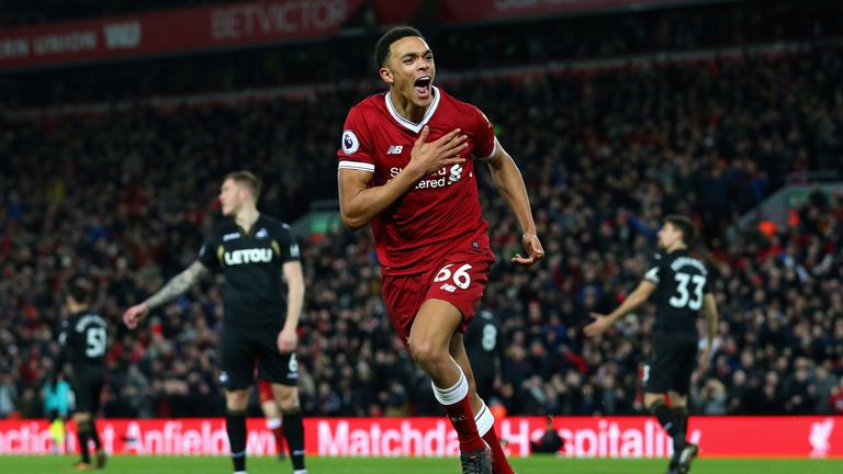 Trent Alexander-Arnold celebrates after making it 3-0 at Anfield