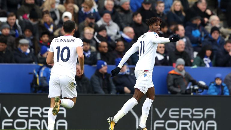 Wilfried Zaha celebrates after doubling Crystal Palace's lead at the King Power Stadium
