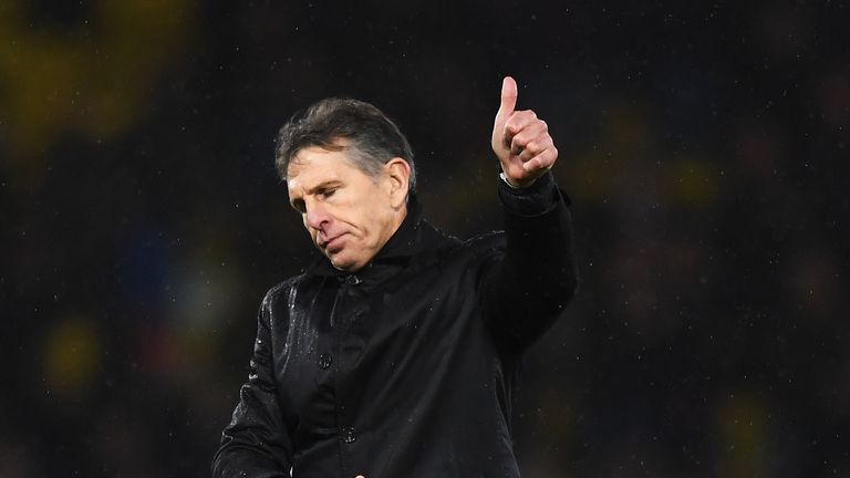 WATFORD, ENGLAND - DECEMBER 26:  Claude Puel, Manager of Leicester City acknowledges the fans after the Premier League match between Watford and Leicester 