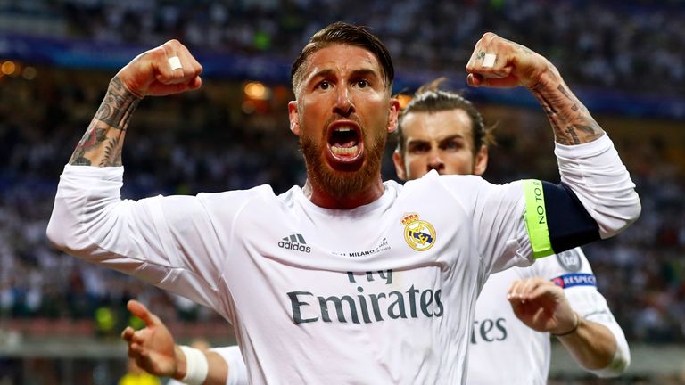 MILAN, ITALY - MAY 28: Sergio Ramos of Real Madrid celebrates after scoiring the opening goal during the UEFA Champions League Final match between Real Mad