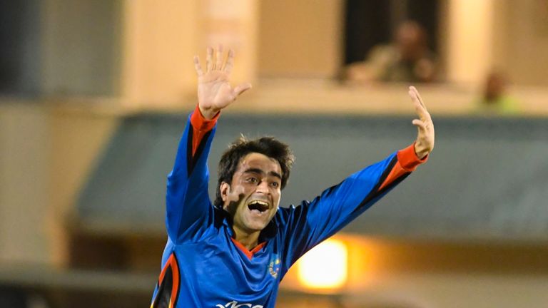 Rashid Khan of Afghanistan appeals for another wicket during the 1st ODI match between West Indies and Afghanistan at Darren Sammy National Cricket Stadium